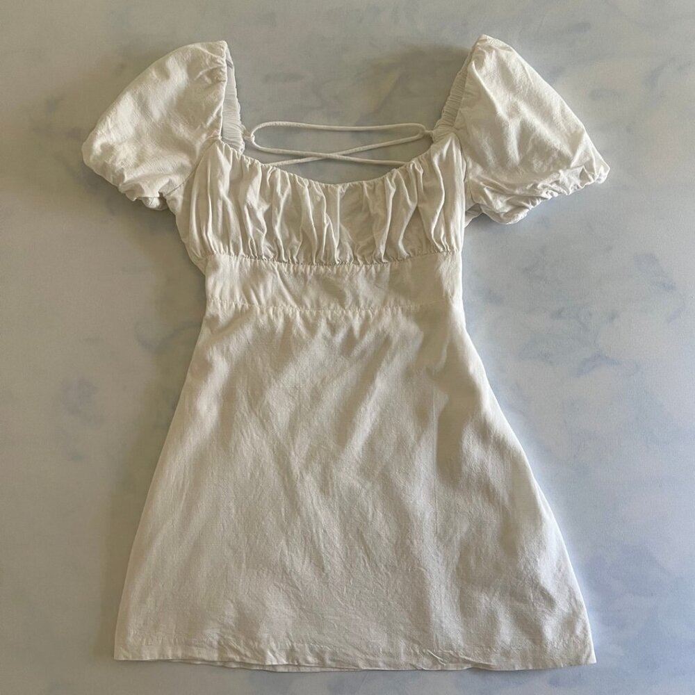 Louna Cotton Lace Up Milkmaid Style Cream Short Sleeve A-Line Mini Dress